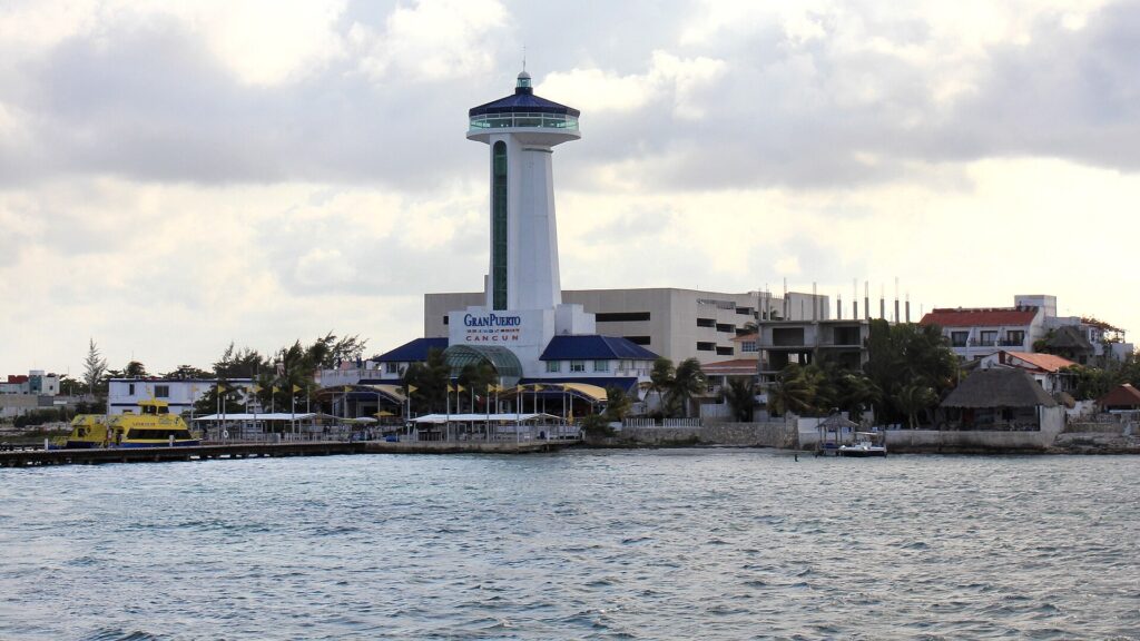 Puerto Juarez ferry terminal seen from the ferry to Isla Mujeres