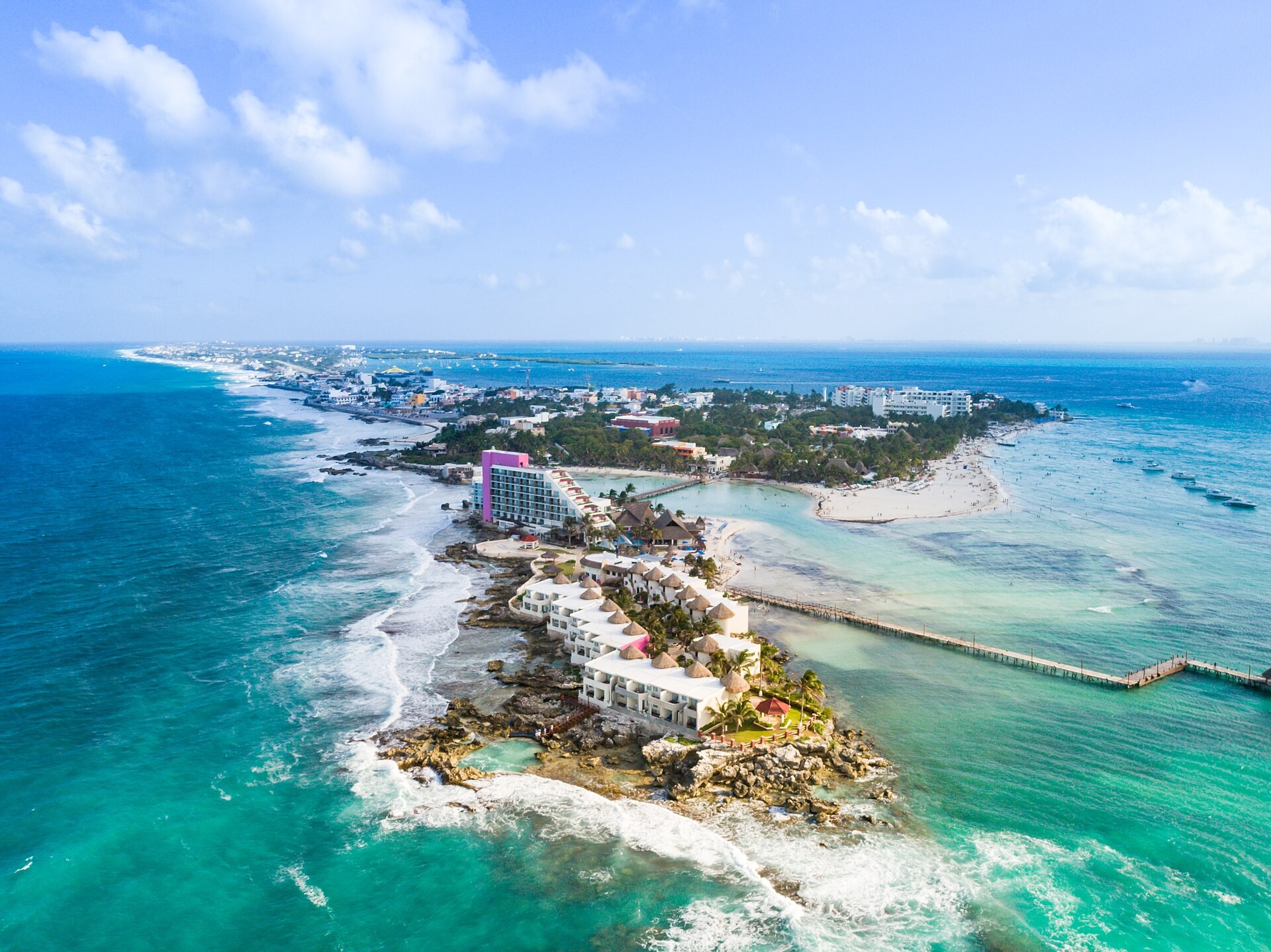 Aerial view of Isla Mujeres and the turquoise Caribbean around it