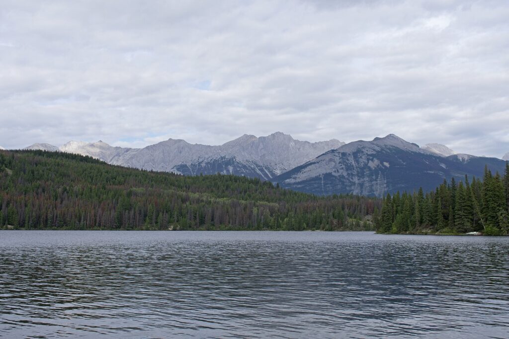 Pyramid Lake with forested shore and mountains beyond in Jasper National Park