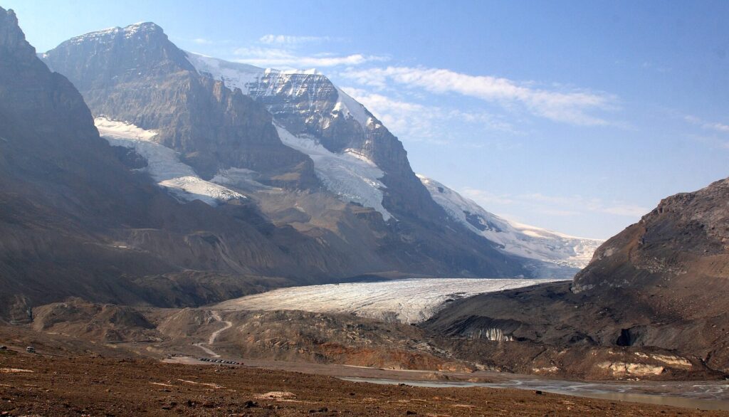 Athabasca Glacier below mountain peaks seen from the Icefields Parkway