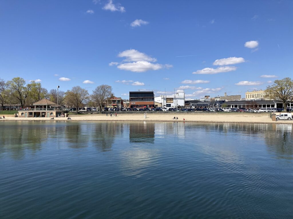 Riviera Beach shoreline and buildings seen from the water in Lake Geneva, Wisconsin