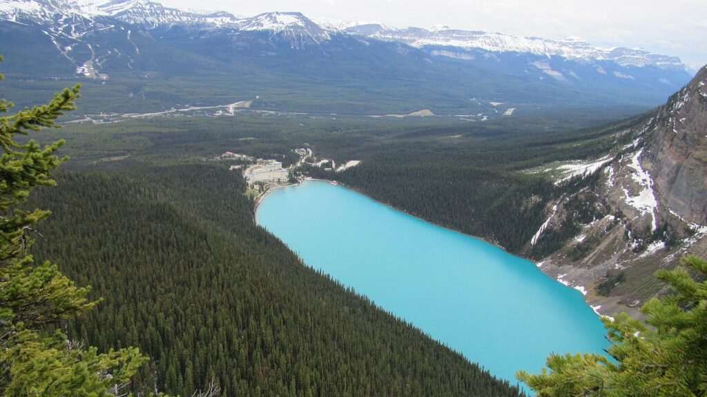 Lake Louise seen from above, a turquoise lake in a forested valley below snowy peaks
