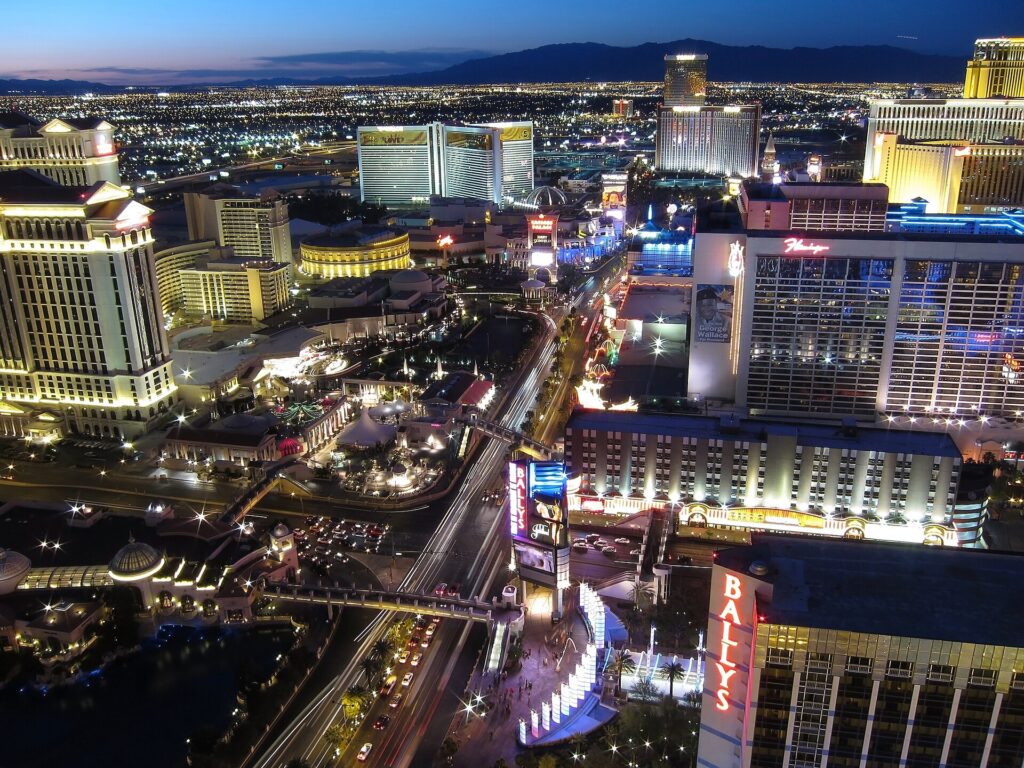 Las Vegas Strip at night seen from the Eiffel Tower replica