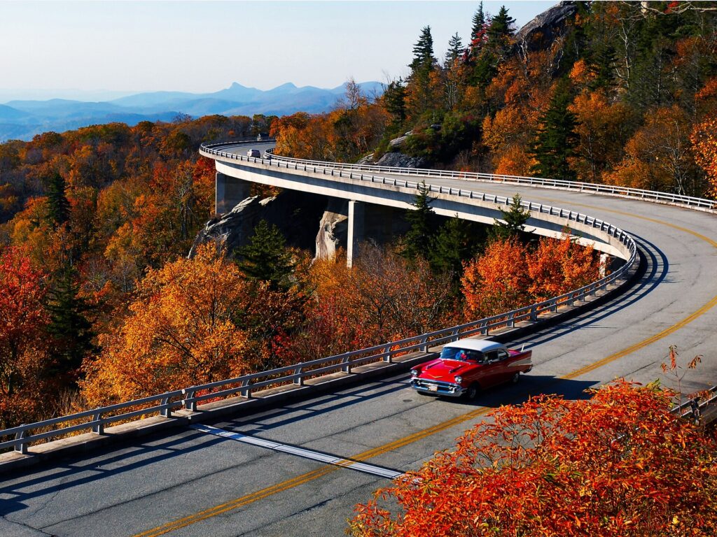 The Linn Cove Viaduct curving along the mountainside on the Blue Ridge Parkway in mid-October