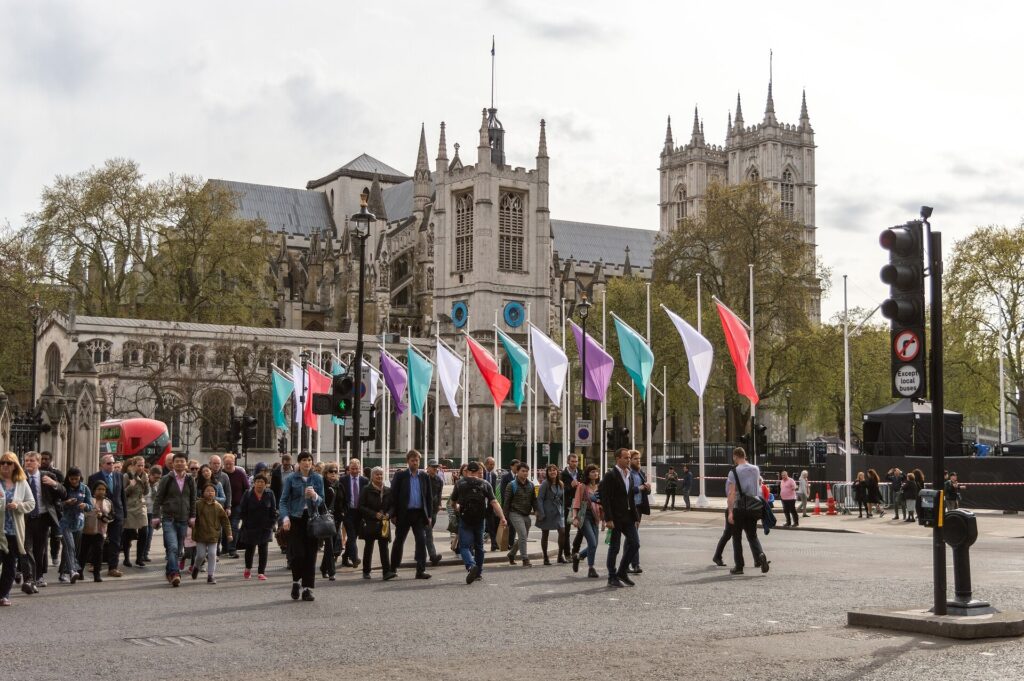 Westminster Abbey and St Margaret’s Church seen across Parliament Square, London