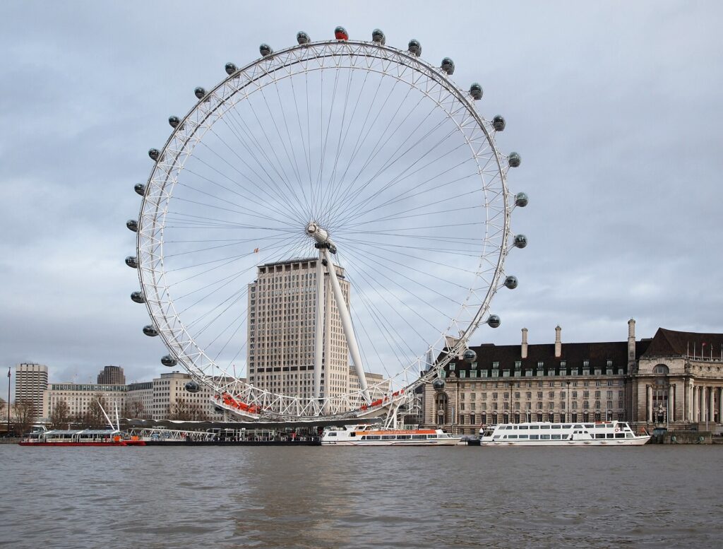 The London Eye wheel beside the River Thames on the South Bank, London