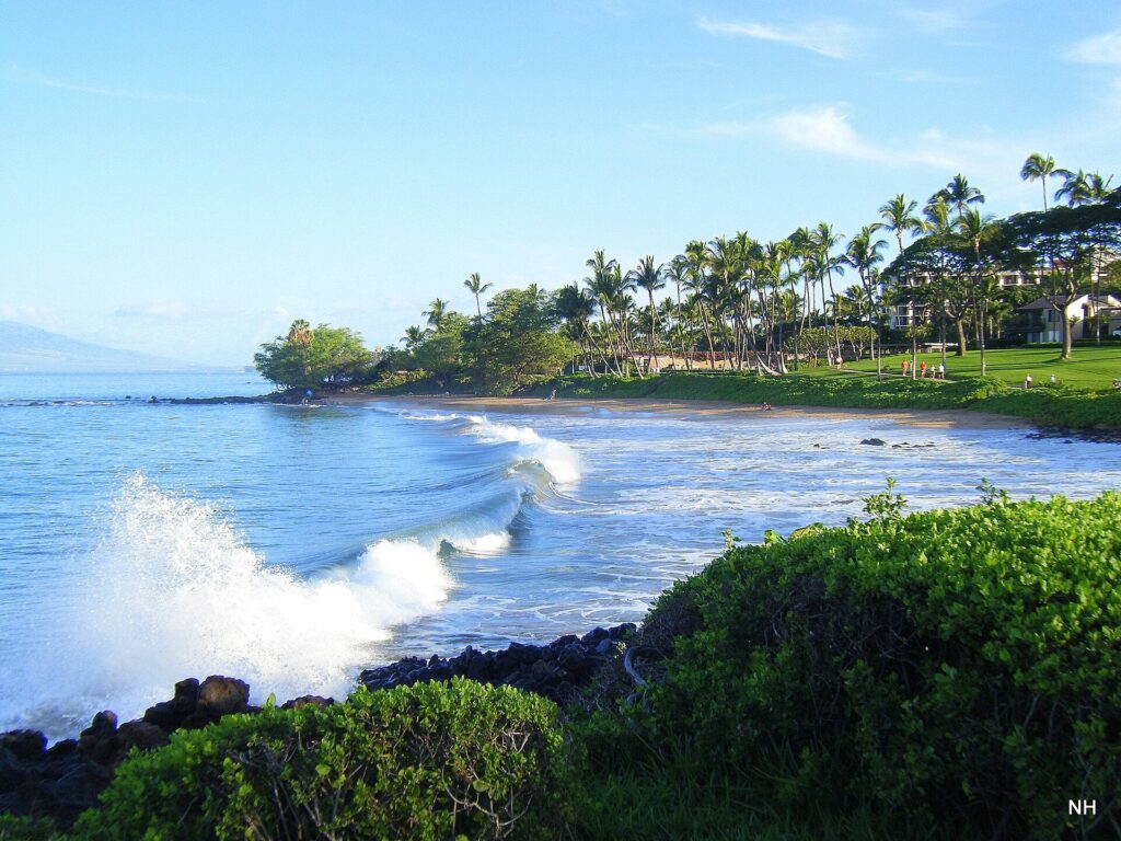 Wave breaking on rocks beside Ulua Beach in Wailea on Maui