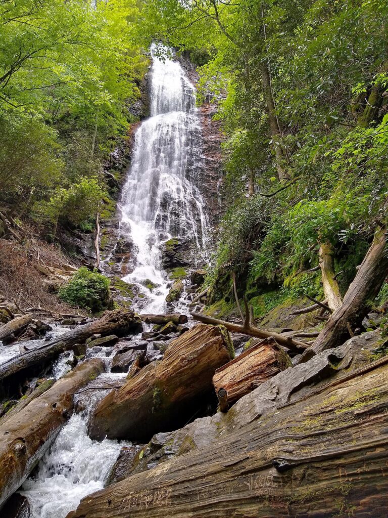 Mingo Falls dropping down a rock face between green trees near Cherokee, North Carolina