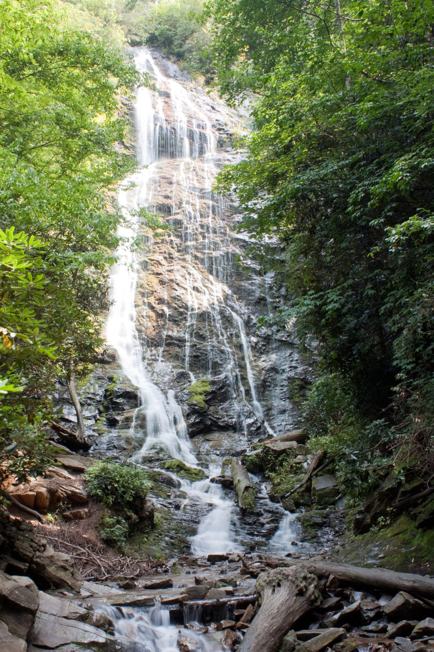 Mingo Falls, a tall narrow waterfall in the forest near Cherokee, North Carolina