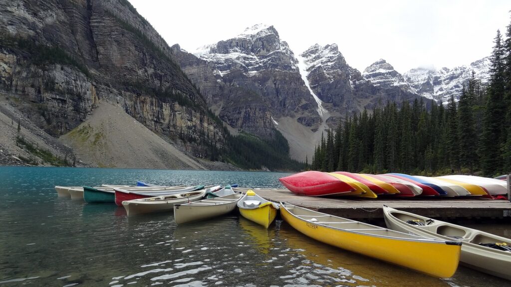 Canoe docks at the north end of Moraine Lake in Banff National Park