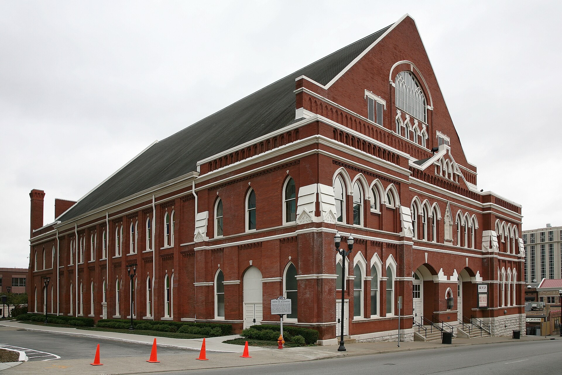 Ryman Auditorium red brick Gothic Revival exterior in downtown Nashville