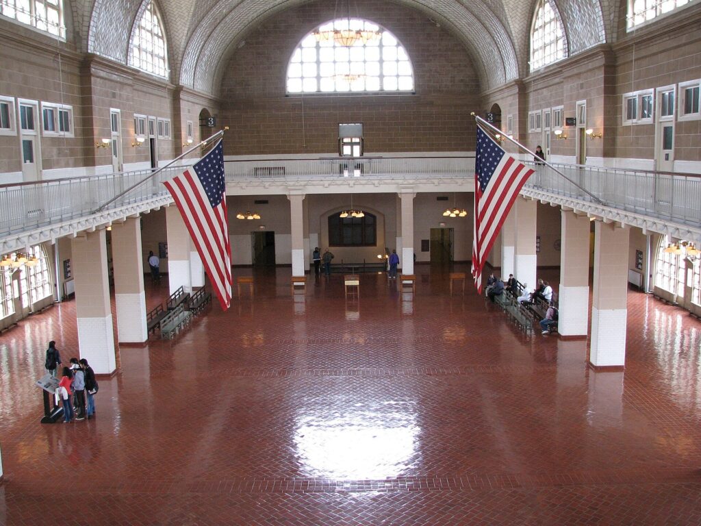 The vaulted Registry Room inside the Ellis Island immigration museum