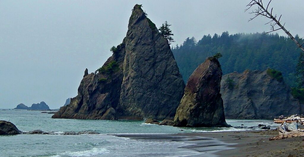 Sea stacks standing offshore north of Rialto Beach in Olympic National Park