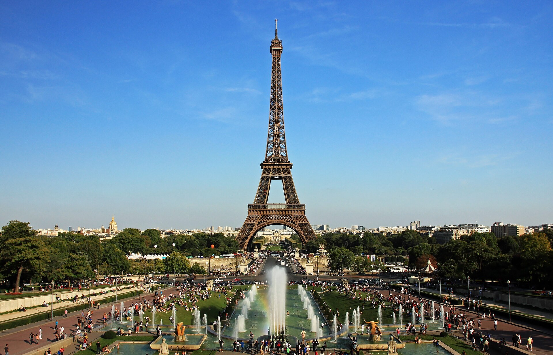 Eiffel Tower seen across the Jardins du Trocadéro from the Palais de Chaillot in Paris