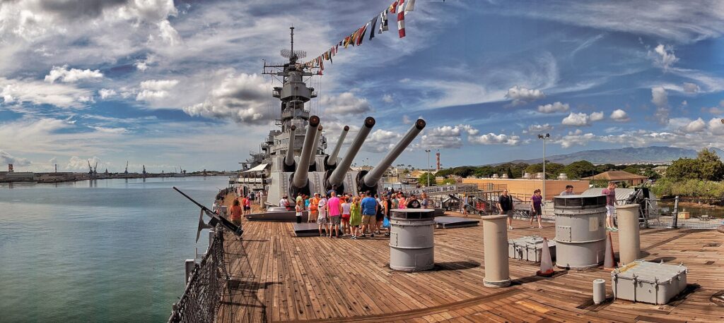 Battleship Missouri docked at Ford Island in Pearl Harbor, Oahu