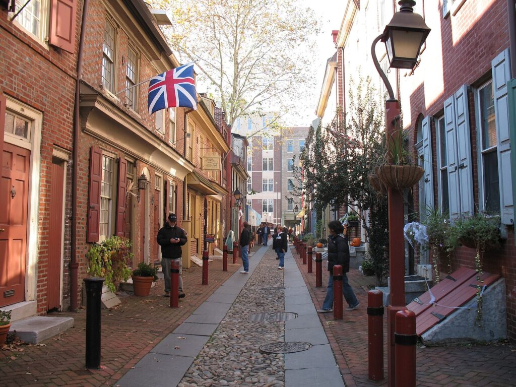 Row of brick houses along Elfreth’s Alley in Philadelphia