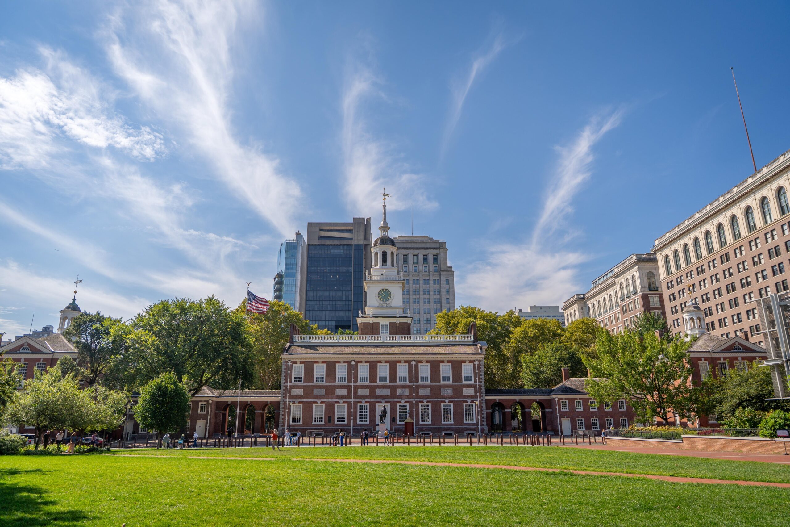 Independence Hall brick facade and clock tower in Philadelphia