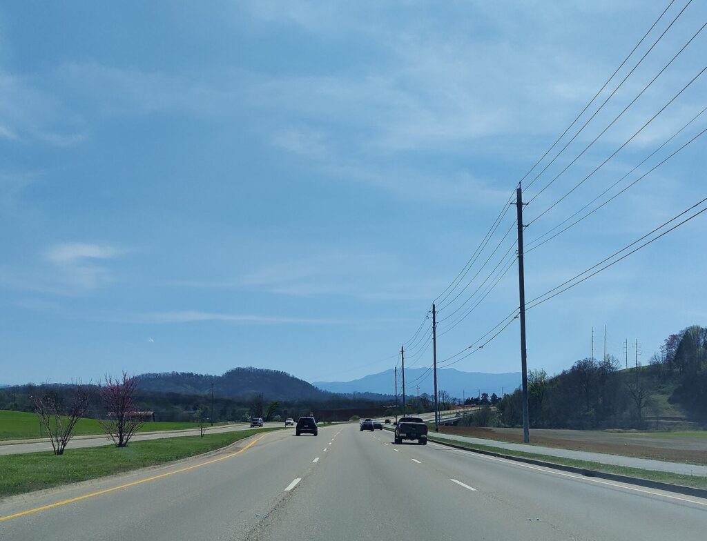View of Mount Le Conte over the road in Pigeon Forge, Tennessee