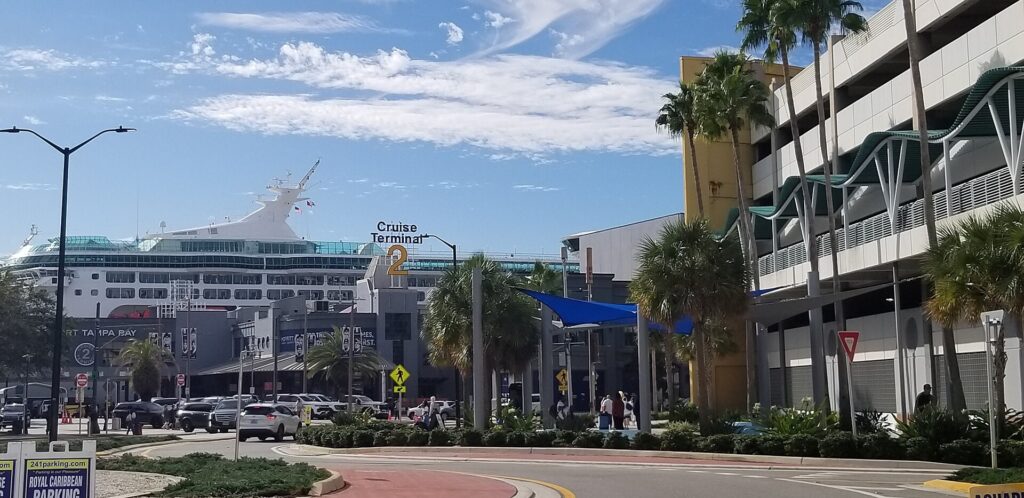 Port Tampa Bay Cruise Terminal 2 and a cruise ship seen from the Channelside Drive roundabout