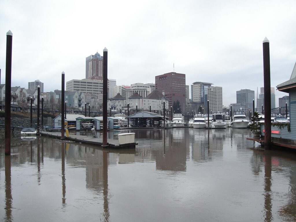 Downtown Portland buildings and a marina seen across the Willamette River