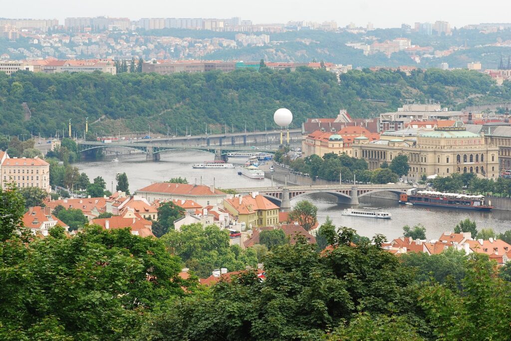 The Vltava River and Prague rooftops seen from Petrin Hill