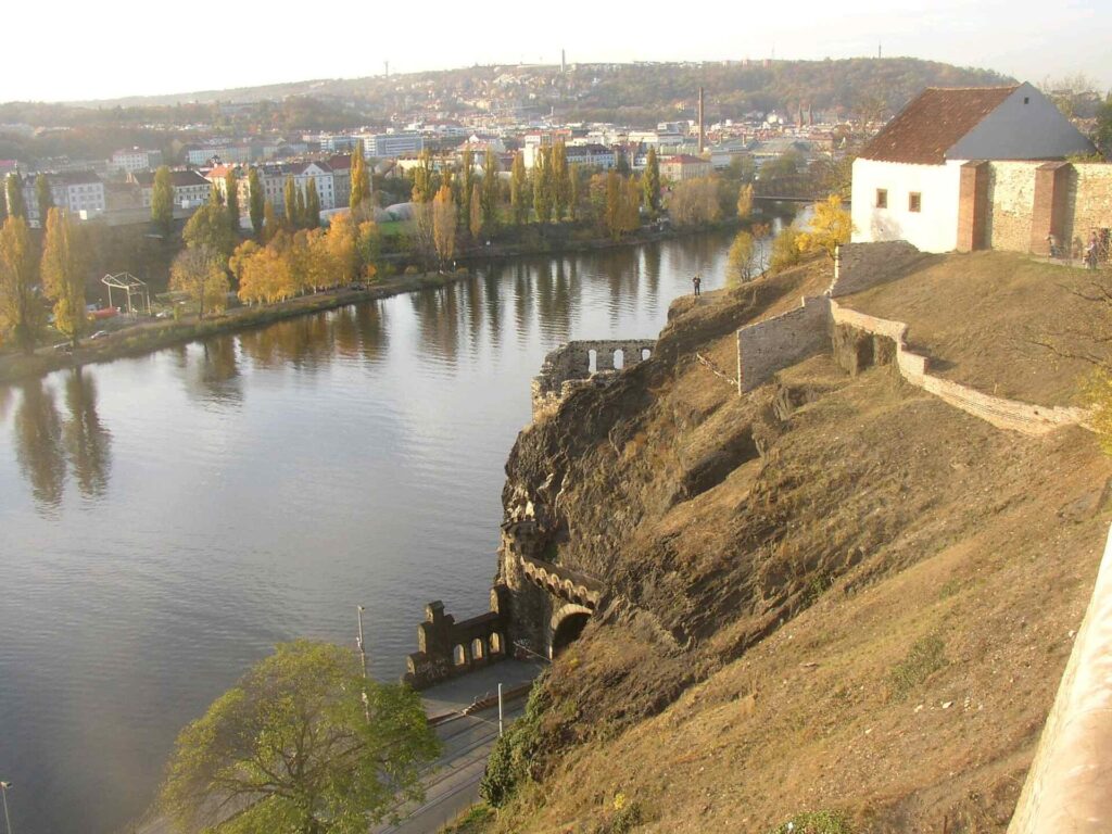 Vysehrad Rock rising above the Vltava River in Prague