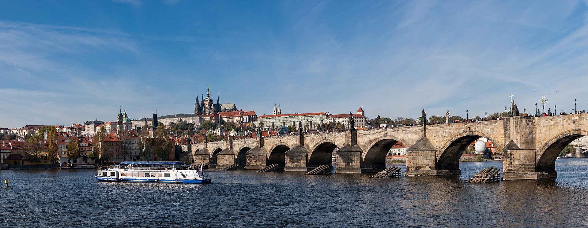 Prague Castle and St. Vitus Cathedral above the Vltava River and Charles Bridge, Prague