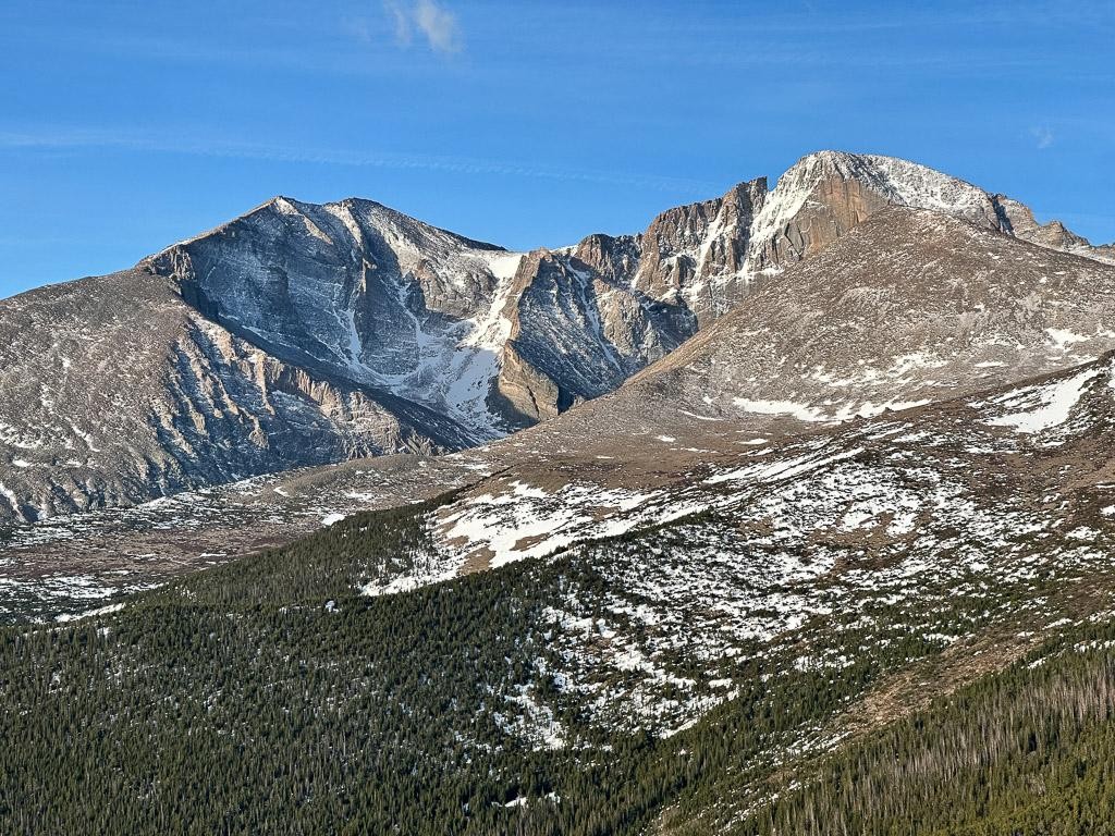 Longs Peak and Mount Meeker rising above the forest in Rocky Mountain National Park
