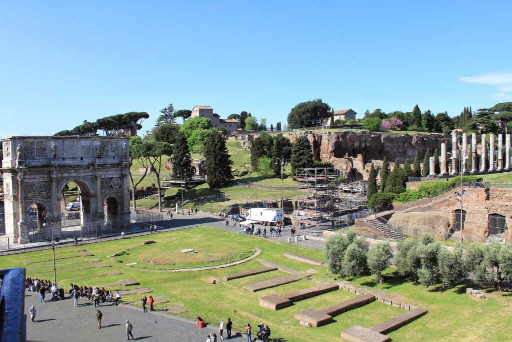 Palatine Hill and the Arch of Constantine seen from the Colosseum in Rome