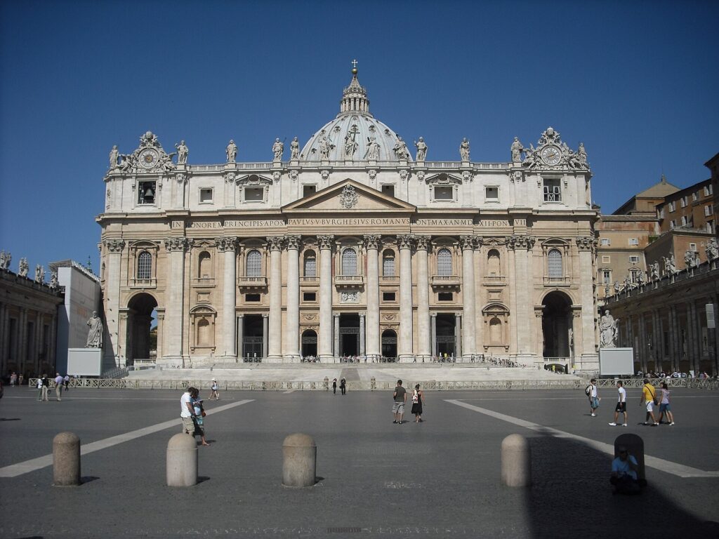 The facade of St. Peter’s Basilica seen from St. Peter’s Square in Vatican City
