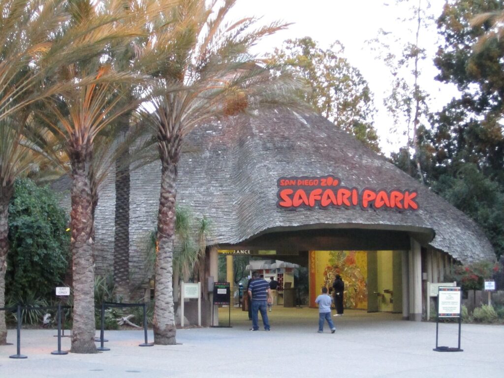 Entrance building at the San Diego Zoo Safari Park in Escondido with palm trees beside it