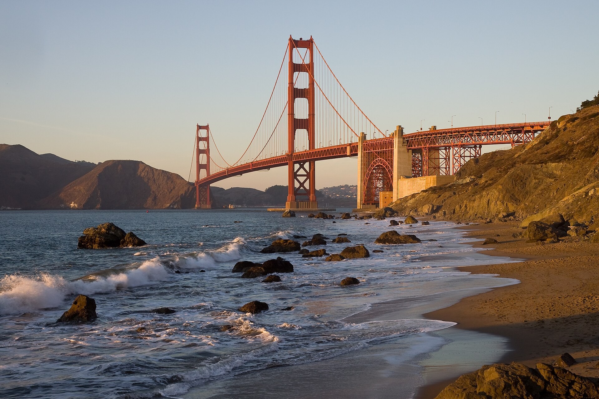 Golden Gate Bridge spanning the bay seen from Baker Beach in San Francisco