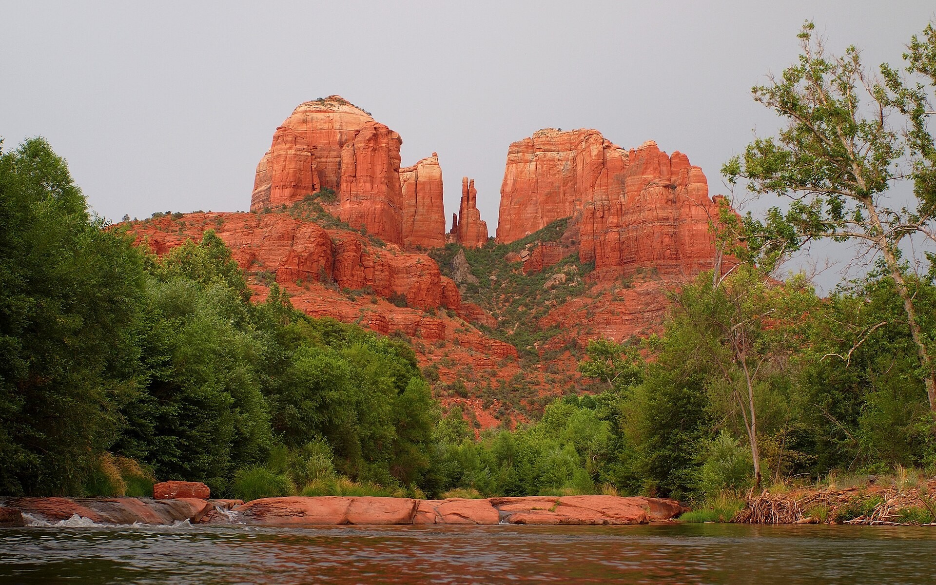 Cathedral Rock rising above Oak Creek near Red Rock Crossing, Sedona, Arizona