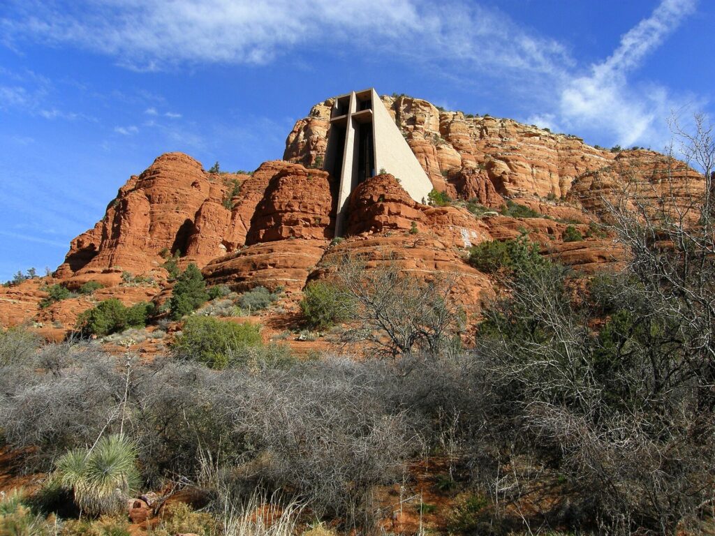 Chapel of the Holy Cross built into a red rock butte above Sedona, Arizona