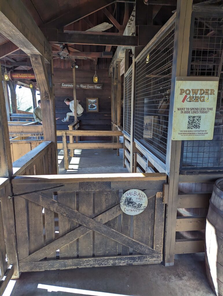 TrailBlazer Pass entrance at the Powder Keg roller coaster in Silver Dollar City, Branson, Missouri