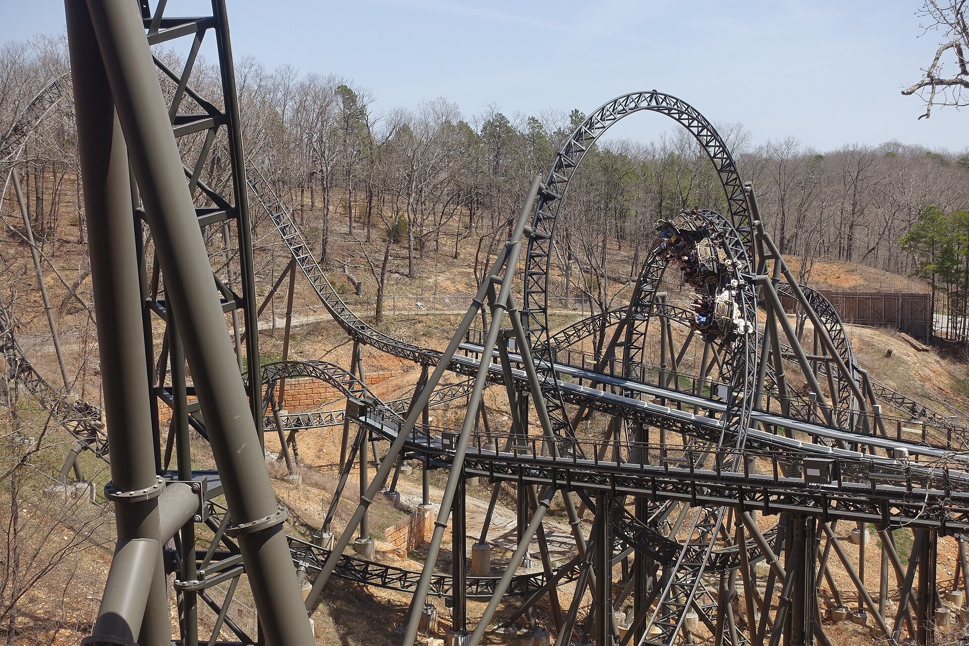 Time Traveler roller coaster track winding through the trees at Silver Dollar City in Branson, Missouri