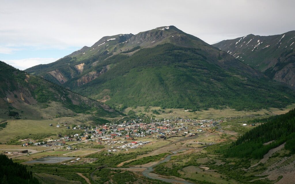 The town of Silverton, Colorado, in its high mountain valley seen from US 550