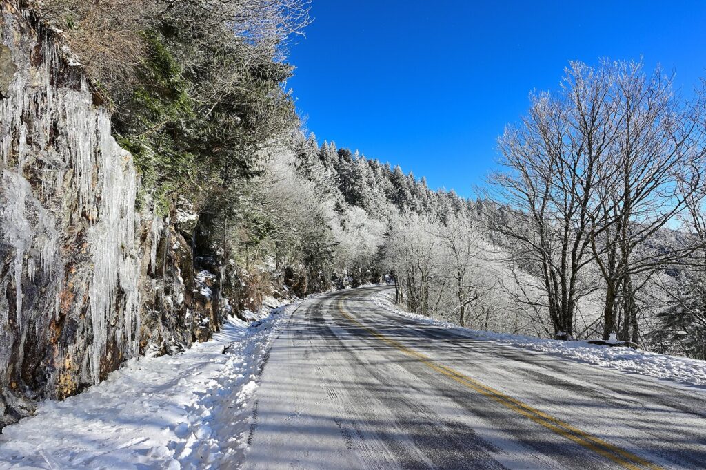 Snow lining Kuwohi Road, also called Clingmans Dome Road, in Great Smoky Mountains National Park