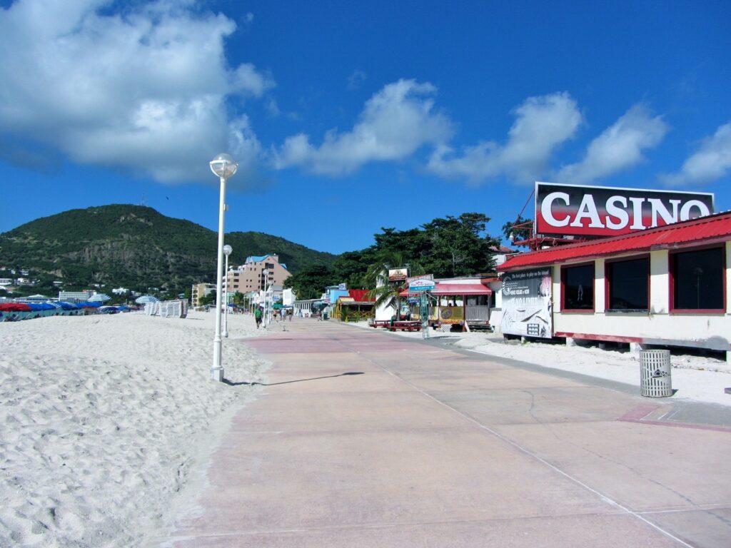 The Philipsburg Boardwalk beside the Great Bay beach in Sint Maarten