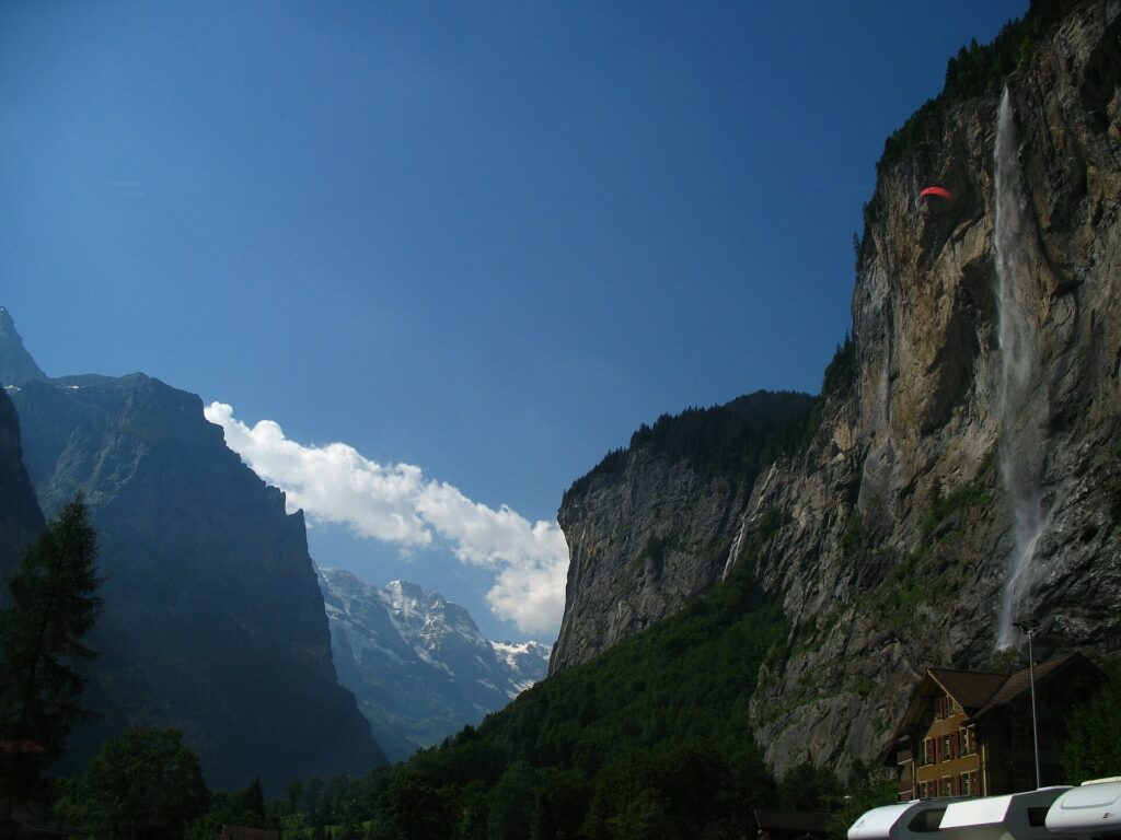 Staubbach Falls dropping over the cliff above the Lauterbrunnen valley in Switzerland