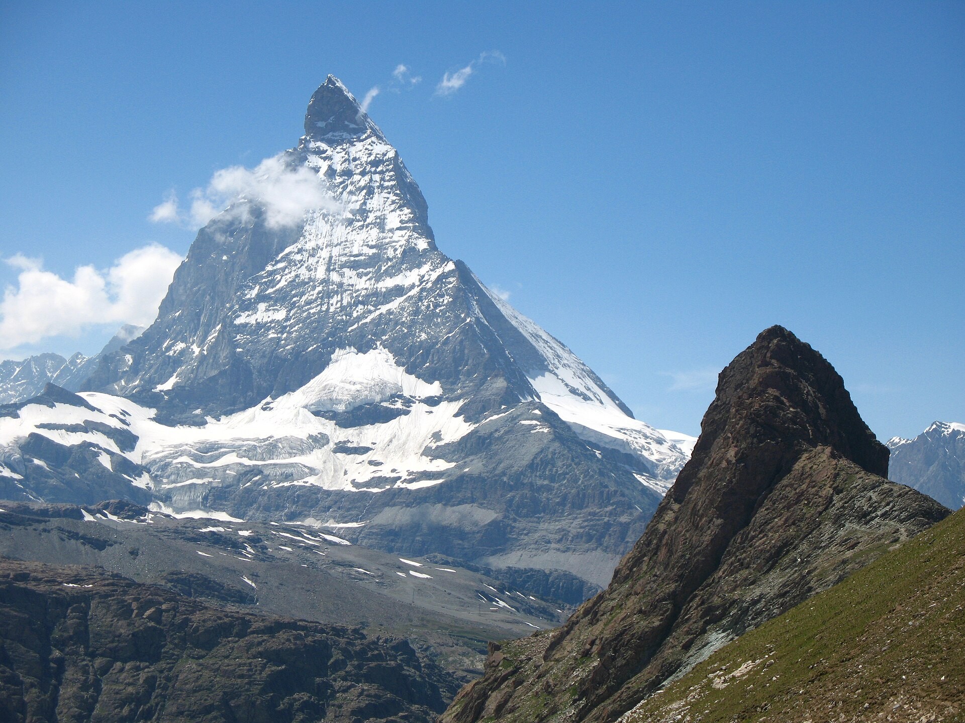 The Matterhorn rising above the Riffelhorn seen from the Gornergrat near Zermatt, Switzerland
