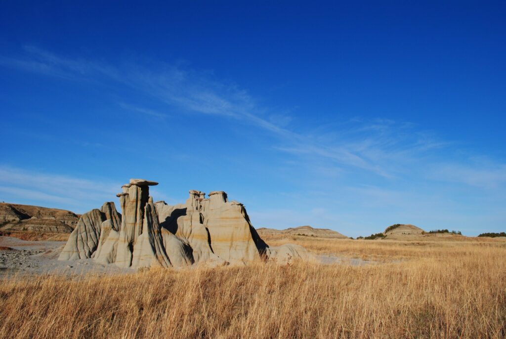 Eroded hoodoos in the badlands of Theodore Roosevelt National Park