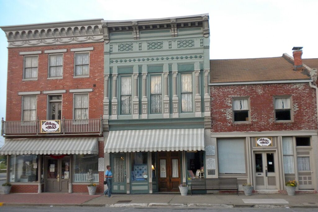 Historic brick buildings along Main Street in the Mark Twain Historic District, Hannibal, Missouri