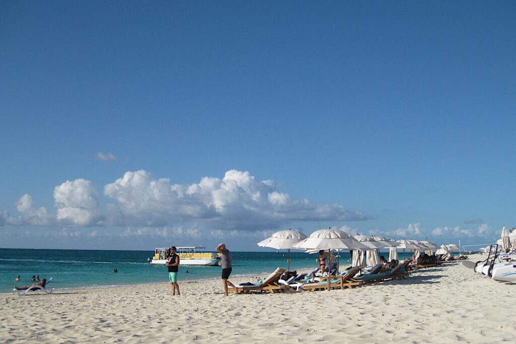 White sand and beach loungers along Grace Bay, Providenciales, Turks and Caicos