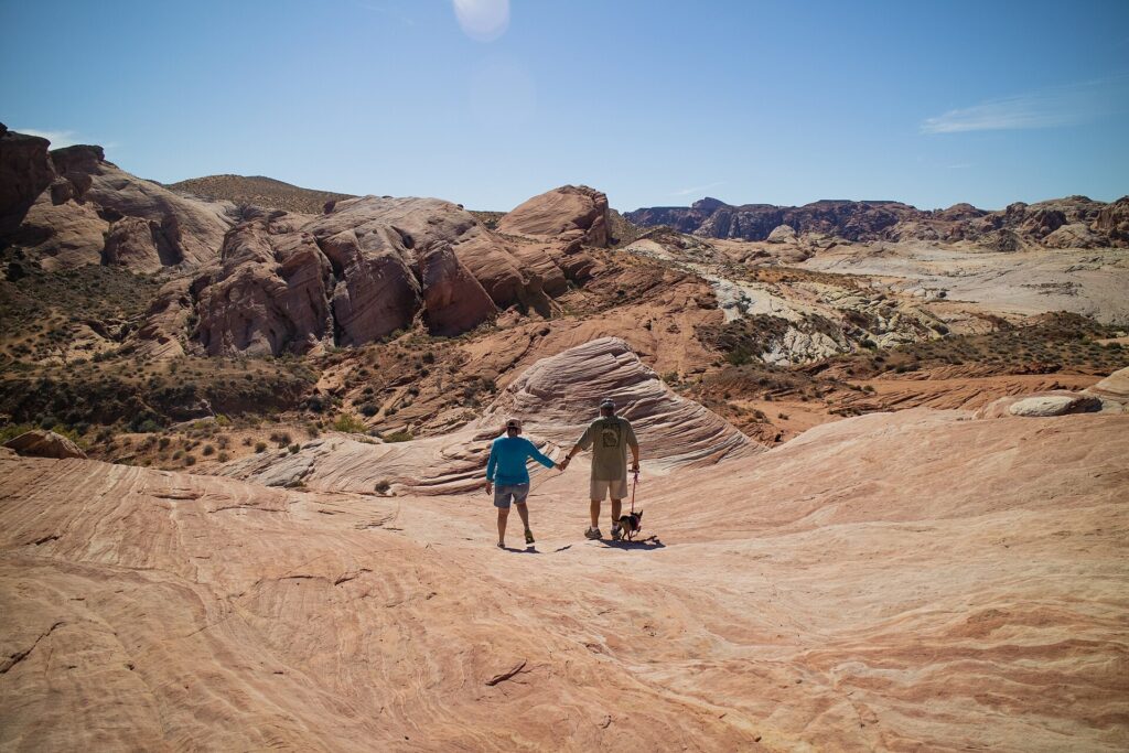 Hikers on the striped sandstone dip of the Fire Wave in Valley of Fire State Park