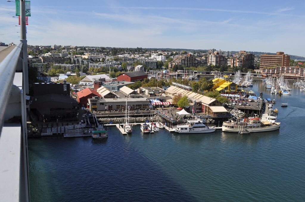 Granville Island seen from the Granville Street Bridge in Vancouver