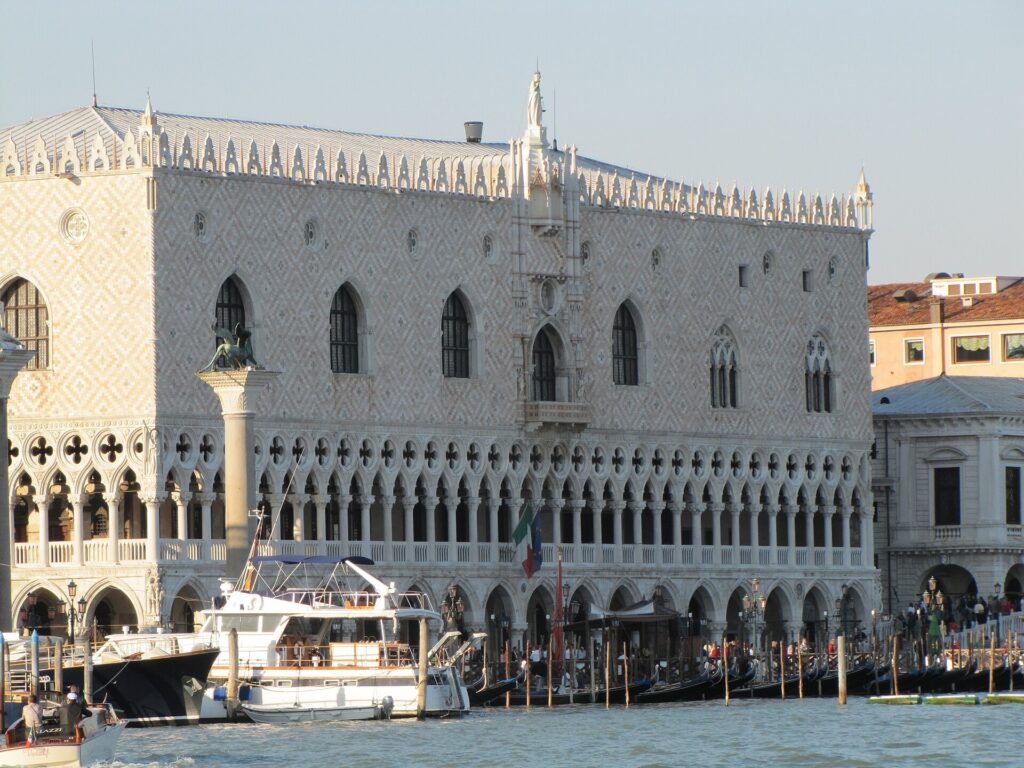 The Doge's Palace facade in Venice seen from the water