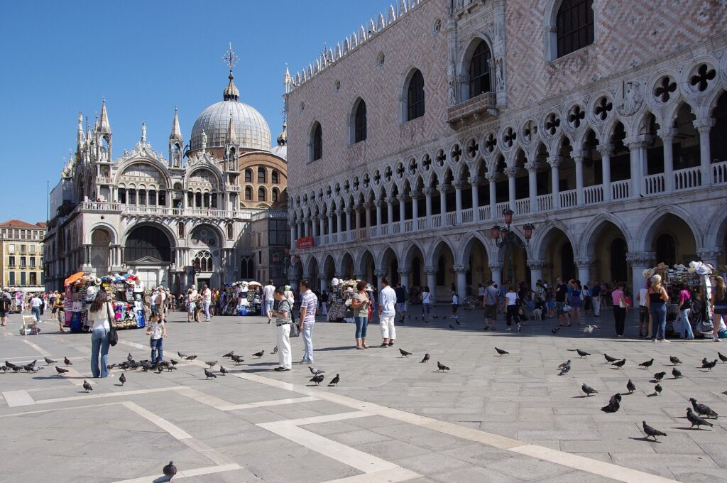 The Piazzetta San Marco in Venice with the basilica domes and the Doge's Palace colonnade