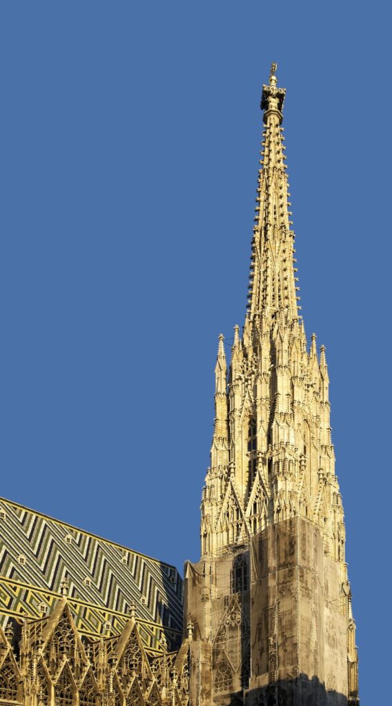The tall south tower spire of St. Stephen's Cathedral in Vienna
