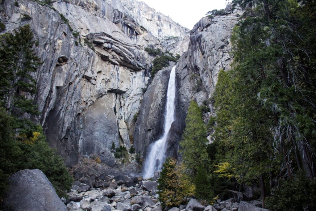 Lower Yosemite Fall pouring over granite in Yosemite Valley